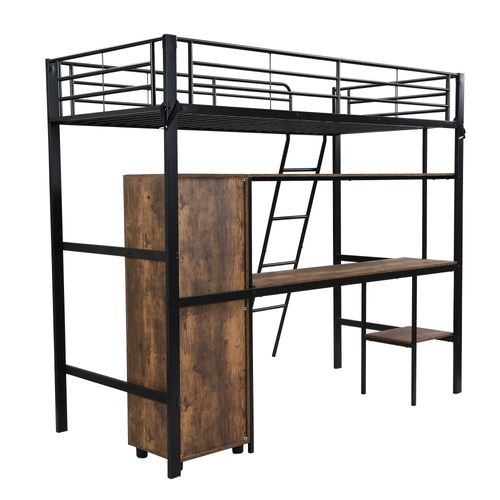 Lit Mezzanine 90x200 Cm Métal Noir Sécurisé Avec Bureau Et Rangement Intégré Pour Enfants Et Ados