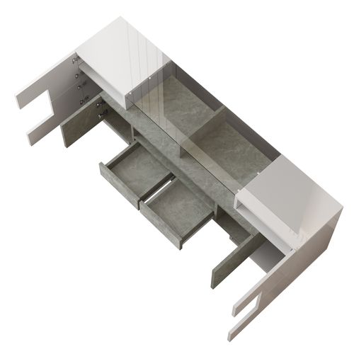 Meuble TV 145 Cm Blanc Et Béton Avec LED Multicolor, 6 Portes, 2 Tiroirs Et 3 Compartiments Ouverts