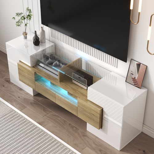Meuble TV 145 Cm Blanc Et Bois Avec LED Multicolore Et Grand Rangement