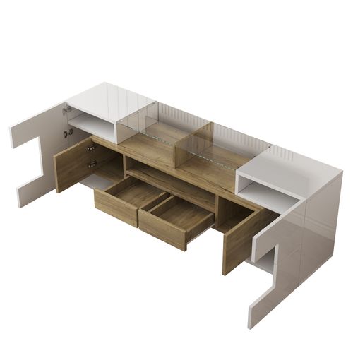 Meuble TV 145 Cm Blanc Et Bois Avec LED Multicolore Et Grand Rangement