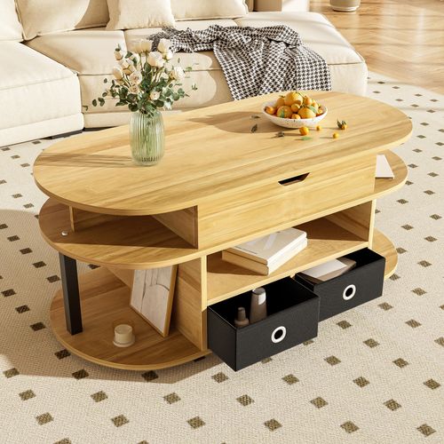 Table Basse Relevable Bois Et Noir 2 Tiroirs Et Rangement Caché, Étagères Pour Salon Et Bureau