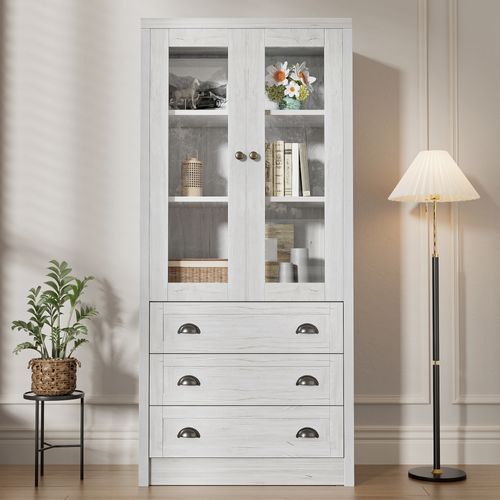 Vitrine Haut.171cm, Armoire De Rangement Élégant Bois Avec 2 Portes Vitrées Et 3 Tiroirs