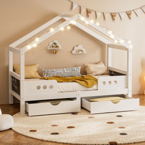 Lit Cabane Enfant 90x200 Cm Avec 2 Grands Tiroirs, 2 Planches à Dessin, En Bois Et Mdf, Balnc