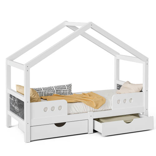 Lit Cabane Enfant 90x200 Cm Avec 2 Grands Tiroirs, 2 Planches à Dessin, En Bois Et Mdf, Balnc