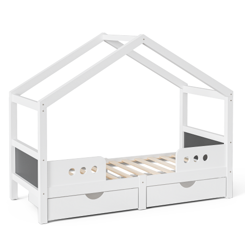 Lit Cabane Enfant 90x200 Cm Avec 2 Grands Tiroirs, 2 Planches à Dessin, En Bois Et Mdf, Balnc