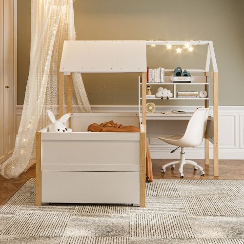 Lit Cabane Enfant 90x200 Cm Avec Tiroirs, Barrière Et Sommier à Lattes, Bureau Avec Étagère, Blanc