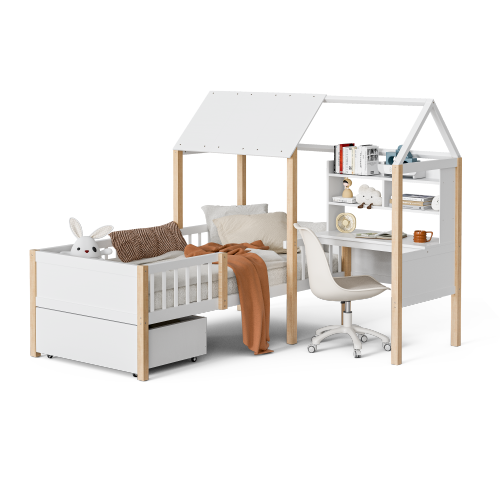 Lit Cabane Enfant 90x200 Cm Avec Tiroirs, Barrière Et Sommier à Lattes, Bureau Avec Étagère, Blanc