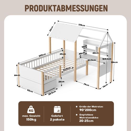 Lit Cabane Enfant 90x200 Cm Avec Tiroirs, Barrière Et Sommier à Lattes, Bureau Avec Étagère, Blanc