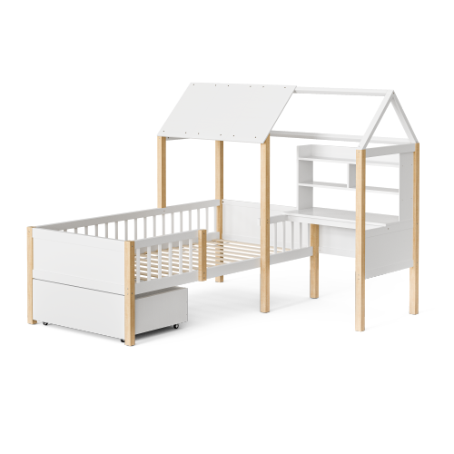 Lit Cabane Enfant 90x200 Cm Avec Tiroirs, Barrière Et Sommier à Lattes, Bureau Avec Étagère, Blanc