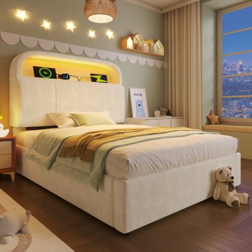 Lit Coffre 90x200 Cm Avec Tête De Lit De Rangement, LED Et Charge USB/type-c, En Velours Beige