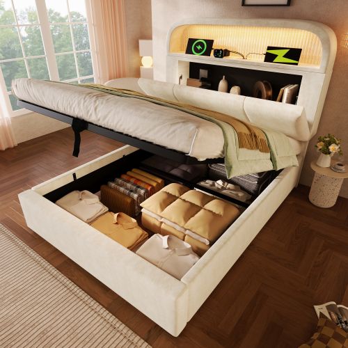 Lit Coffre 90x200 Cm Avec Tête De Lit De Rangement, LED Et Charge USB/type-c, En Velours Beige