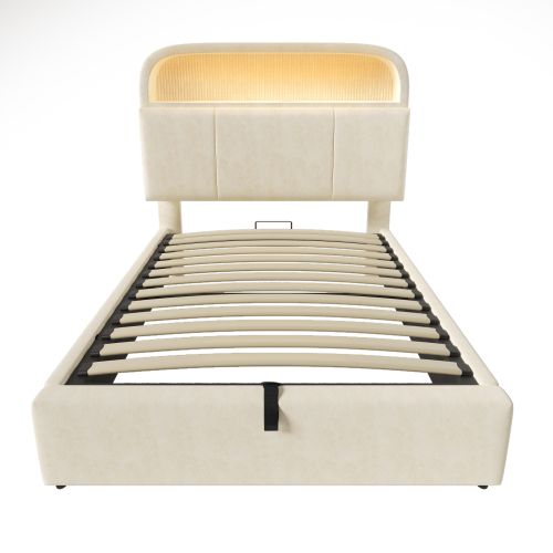 Lit Coffre 90x200 Cm Avec Tête De Lit De Rangement, LED Et Charge USB/type-c, En Velours Beige