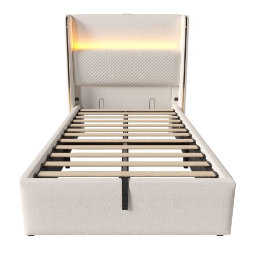 Lit Coffre Enfant 90x200 Cm Avec Tête De Lit, Éclairage LED, Port USB/type-c, En Lin Beige