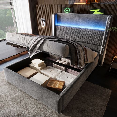 Lit Coffre Enfant 90x200 Cm Avec Tête De Lit, Éclairage LED, Port USB/type-c, En Lin Gris