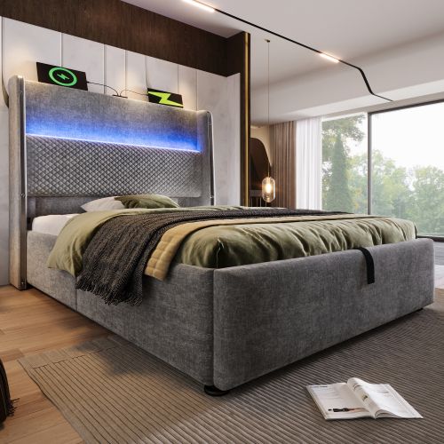 Lit Coffre Enfant 90x200 Cm Avec Tête De Lit, Éclairage LED, Port USB/type-c, En Lin Gris