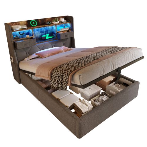 Lit Coffre 90x200 Cm Avec Tête De Lit LED, 4 Stations De Charge (usb/type-c), En Lin Gris