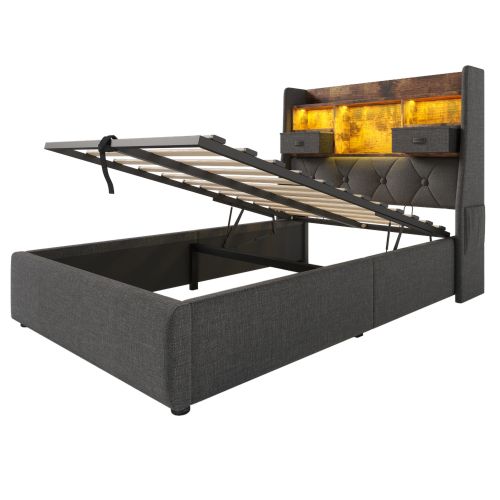 Lit Coffre 90x200 Cm Avec Tête De Lit LED, 4 Stations De Charge (usb/type-c), En Lin Gris