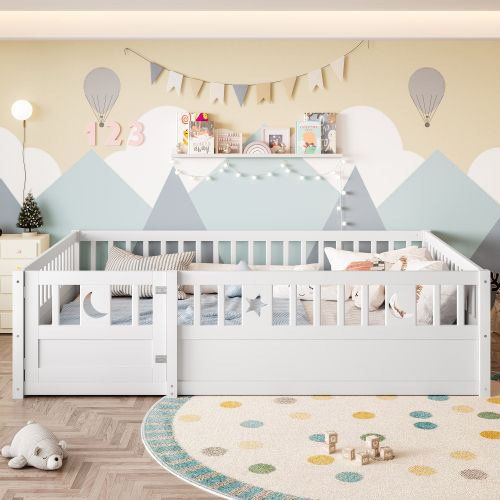 Lit Au Sol 140x190 Cm, Lit Au Sol Bébé, Lit Enfant Avec Barrière De Sécurité, Blanc