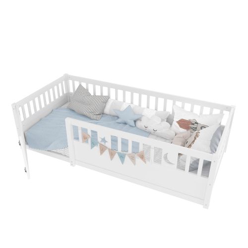 Lit Au Sol 90x190 Cm, Lit Au Sol Bébé, Lit Enfant Avec Barrière De Sécurité, Blanc
