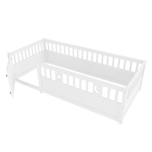 Lit Au Sol 90x190 Cm, Lit Au Sol Bébé, Lit Enfant Avec Barrière De Sécurité, Blanc