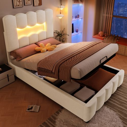Lit Coffre Enfant 90x200 Cm Avec Tête De Lit Réglable Et Éclairage LED, En Velours Beige