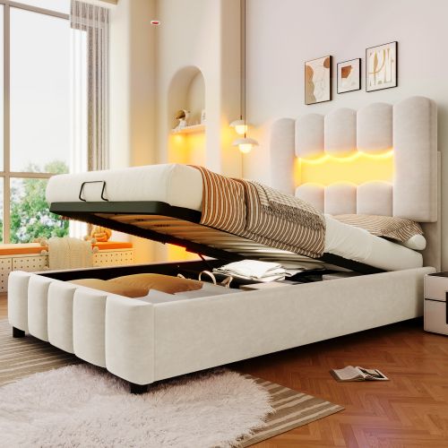 Lit Coffre Enfant 90x200 Cm Avec Tête De Lit Réglable Et Éclairage LED, En Velours Beige