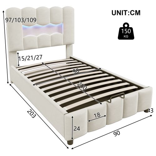 Lit Coffre Enfant 90x200 Cm Avec Tête De Lit Réglable Et Éclairage LED, En Velours Beige