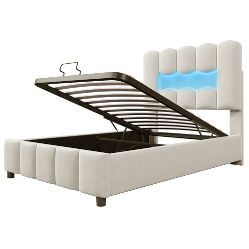 Lit Coffre Enfant 90x200 Cm Avec Tête De Lit Réglable Et Éclairage LED, En Velours Beige