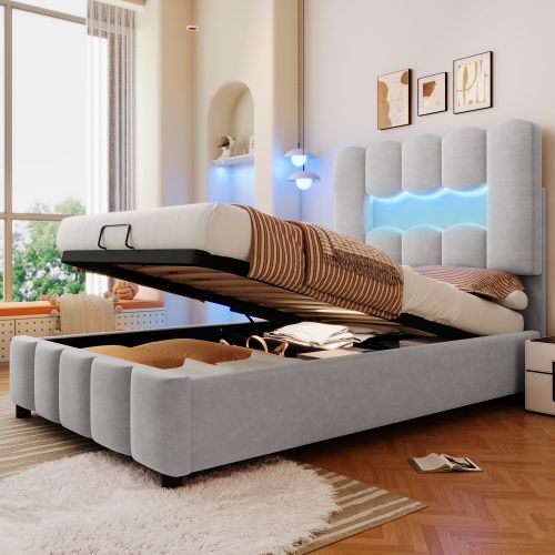 Lit Coffre Enfant 90x200 Cm Avec Tête De Lit Réglable Et Éclairage LED, En Velours Gris