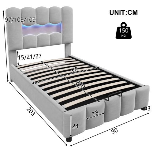 Lit Coffre Enfant 90x200 Cm Avec Tête De Lit Réglable Et Éclairage LED, En Velours Gris