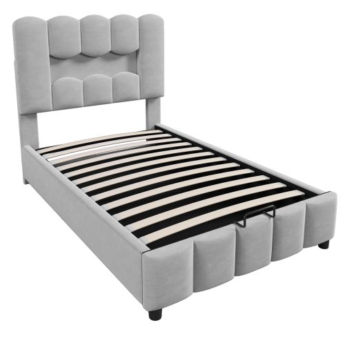 Lit Coffre Enfant 90x200 Cm Avec Tête De Lit Réglable Et Éclairage LED, En Velours Gris