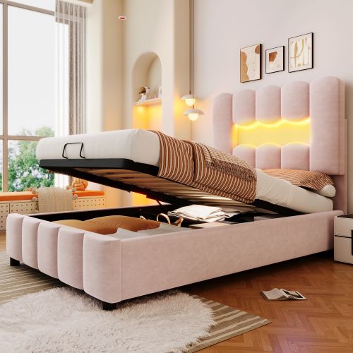 Lit Coffre Enfant 90x200 Cm Avec Tête De Lit Réglable Et Éclairage LED, En Velours Rose
