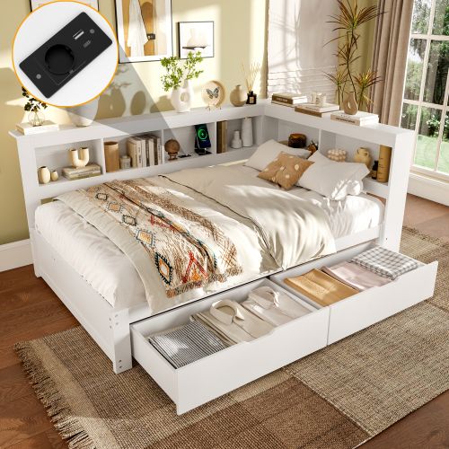 Lit Enfant 140x200 Cm Avec 2 Tiroirs, Prise Électrique Et 2 Ports USB, Sommier à Lattes, Blanc