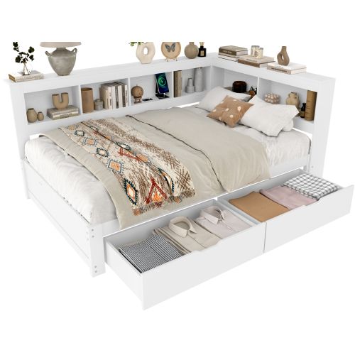 Lit Enfant 140x200 Cm Avec 2 Tiroirs, Prise Électrique Et 2 Ports USB, Sommier à Lattes, Blanc