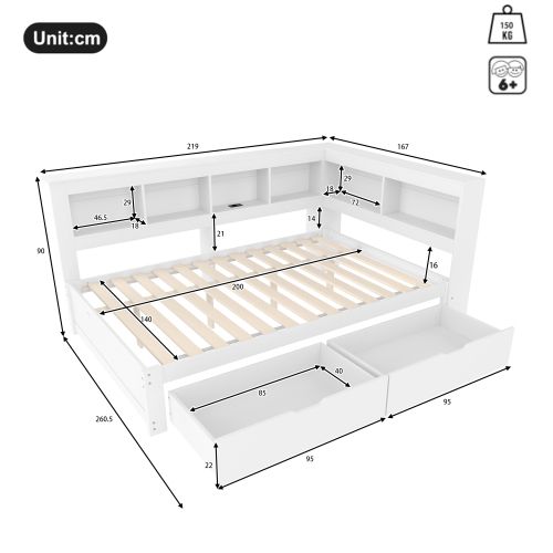 Lit Enfant 140x200 Cm Avec 2 Tiroirs, Prise Électrique Et 2 Ports USB, Sommier à Lattes, Blanc