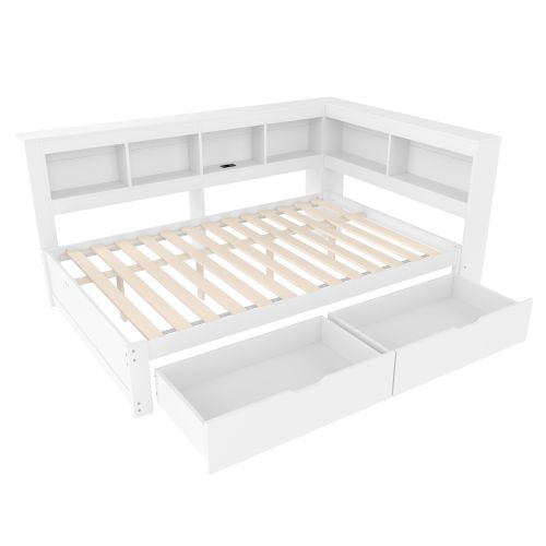 Lit Enfant 140x200 Cm Avec 2 Tiroirs, Prise Électrique Et 2 Ports USB, Sommier à Lattes, Blanc