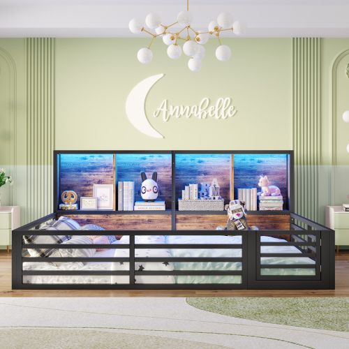 Lit Enfant 140x200 Cm Avec Barrière, Compartiment De Rangement, Sommier à Lattes, Noir