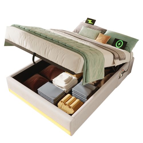 Lit Coffre Enfant 90x200 Cm Avec LED, Ports USB Et Type-c, Poches, Sans Tête De Lit, Beige