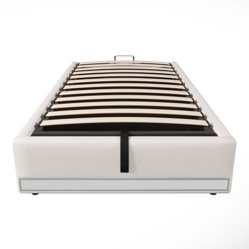 Lit Coffre Enfant 90x200 Cm Avec LED, Ports USB Et Type-c, Poches, Sans Tête De Lit, Beige