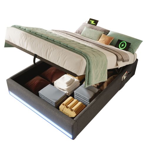 Lit Coffre Enfant 90x200 Cm Avec LED, Ports USB Et Type-c, Poches, Sans Tête De Lit, Gris