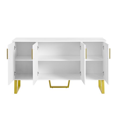 Buffet Blanc Brillant 140×40×80 Cm à 4 Portes Avec Pieds Et Poignées Métalliques, Grand Rangement
