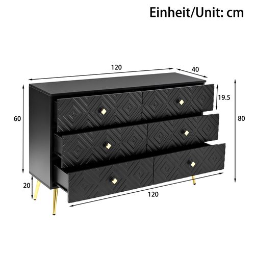 Commode Noire 120×40×80 Cm à 6 Tiroirs Avec Pieds Dorés Et Design Géométrique