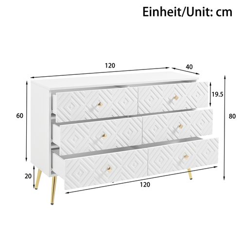 Commode Blanche à 6 Tiroirs Avec Pieds Dorés Et Design Géométrique 120×40×80 Cm