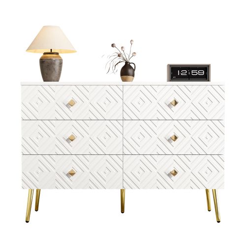 Commode Blanche à 6 Tiroirs Avec Pieds Dorés Et Design Géométrique 120×40×80 Cm