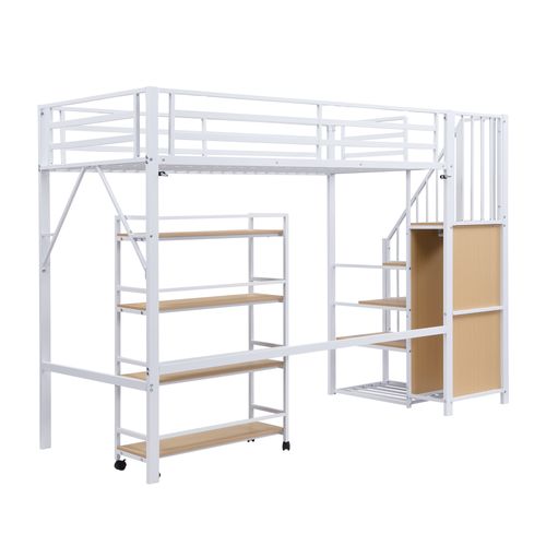 Lit Mezzanine 90×200 Cm, Armoire Et Rangement à Roulettes, Escalier De Sécurité, Métal Blanc Et Bois