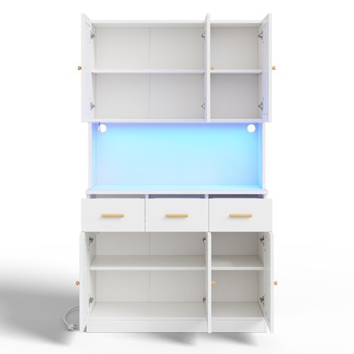 Buffet De Cuisine Haut.182cm Blanc Avec LED, Prises USB Et Grands Rangements, 3 Tiroirs, 6 Portes