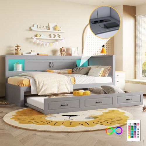Lit Gigogne Enfant 90x200/190 Cm En Bois Gris Avec LED, Rangement Et Prises USB Intégrées