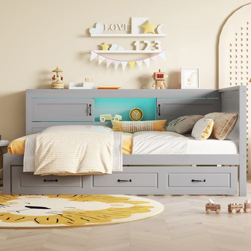 Lit Gigogne Enfant 90x200/190 Cm En Bois Gris Avec LED, Rangement Et Prises USB Intégrées