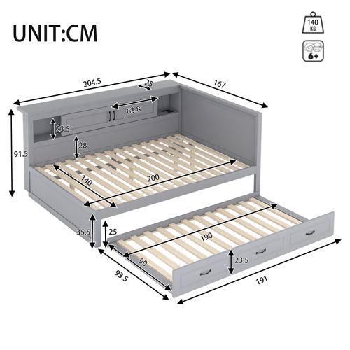 Lit Double 140x200cm LED Avec Lit Gigogne 90x190 Cm Bois Gris, Rangement Et Prises USB Intégrées