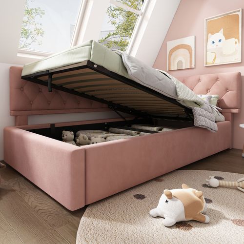 Lit Enfant Coffre 90x190 Cm En Velours Rose Avec Rangement Et Sommier à Lattes, Cadre En Métal